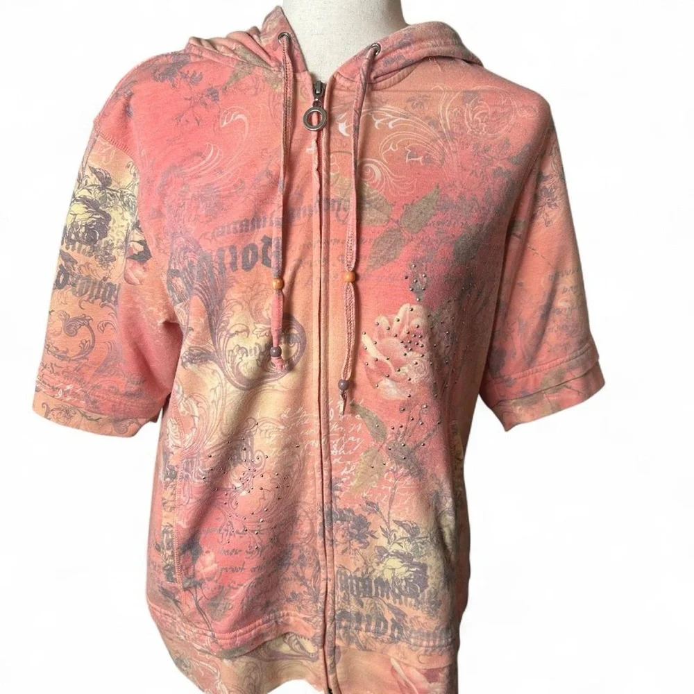 Green Tea Coral XL Graphic Short-Sleeve Zip Hoodie - Picture 3 of 6